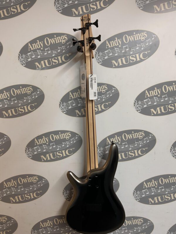 An Ibanez Standard SR-300 EB metallic black bass guitar with a logo on it.