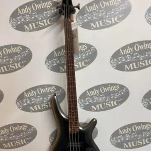A Ibanez Standard SR-300 EB metallic black bass guitar with a logo on it.