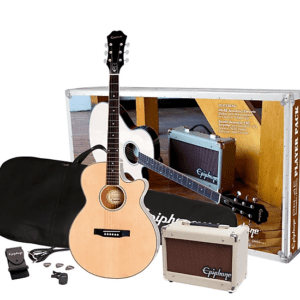 An Epiphone PR-4E Acoustic-Electric Player Pack Natural with a case and amplifier.